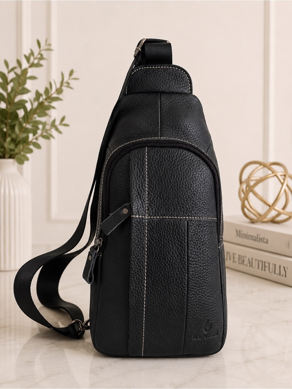 Zznick Black Genuine Leather Sling Bag Crossbody Backpack Chest Pack Travel Bag